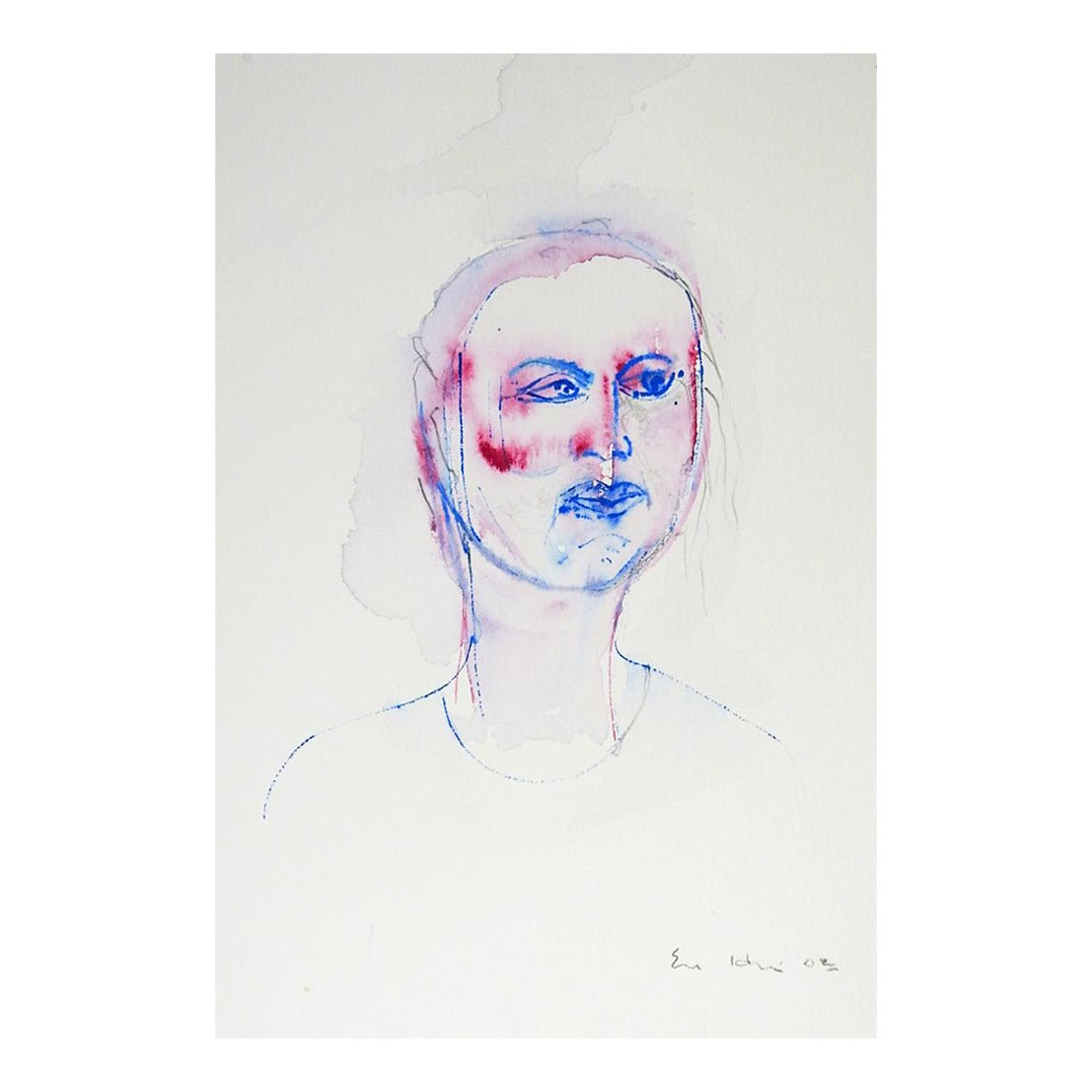 Modernist 2002 Red Blue Ink Portrait Drawing | Chairish