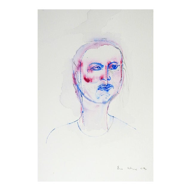 Modernist 2002 Red Blue Ink Portrait Drawing For Sale