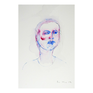 Modernist 2002 Red Blue Ink Portrait Drawing