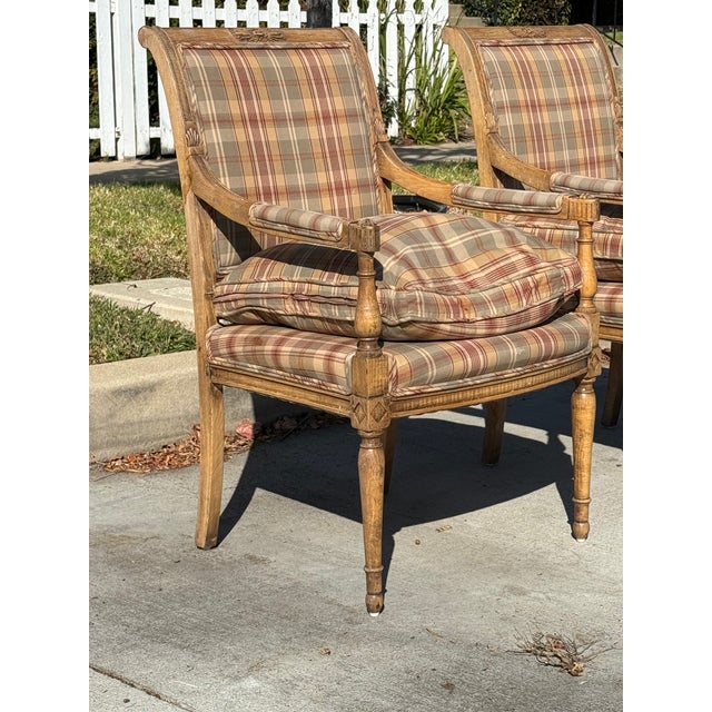 A generously down stuffed Pr of Directoire arm chairs. Extra soft extra hi quality down with a lovely Plad Cotton or Silk...