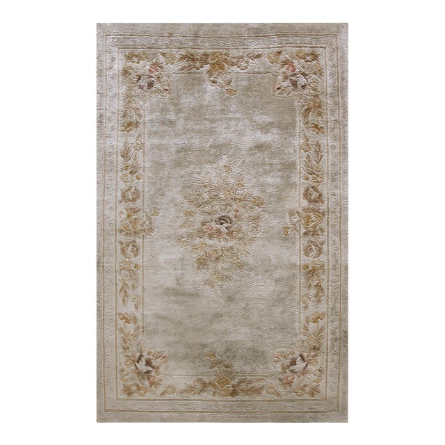 1980s Light Gray Floral Vintage Chinese Silk Rug 3' X 5'2" Handknotted Wool Carpet For Sale