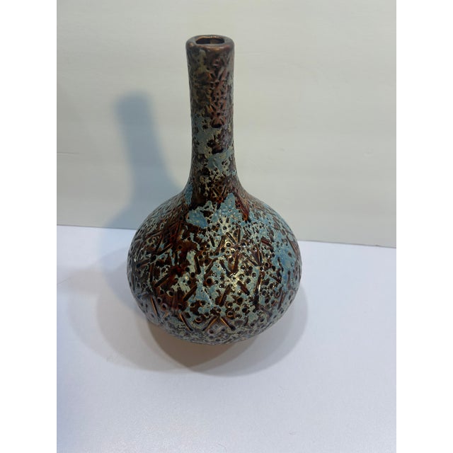 Mid‑Century European Textured Ceramic Vase – Teal & Brown Volcanic Glaze For Sale - Image 11 of 16