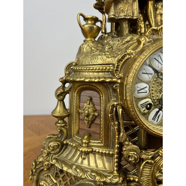 Vintage French Brass Ornate Romantic Couple Mantel Clock For Sale - Image 5 of 16