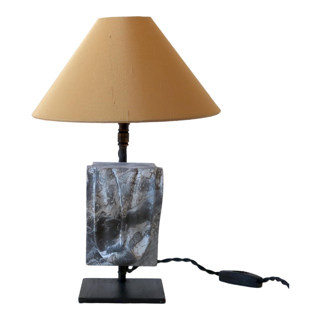 Faux Bardiglio Fragment Lamp With Gold Laminated Silk Faille Shade For Sale
