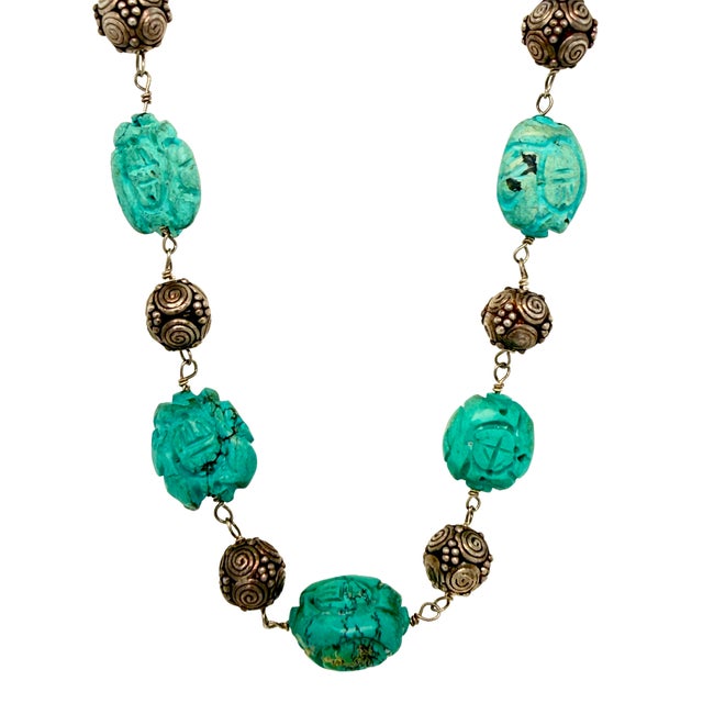 A striking Chinese Export sterling silver and turquoise necklace from the Republic Period (circa 1925–1945). Each...