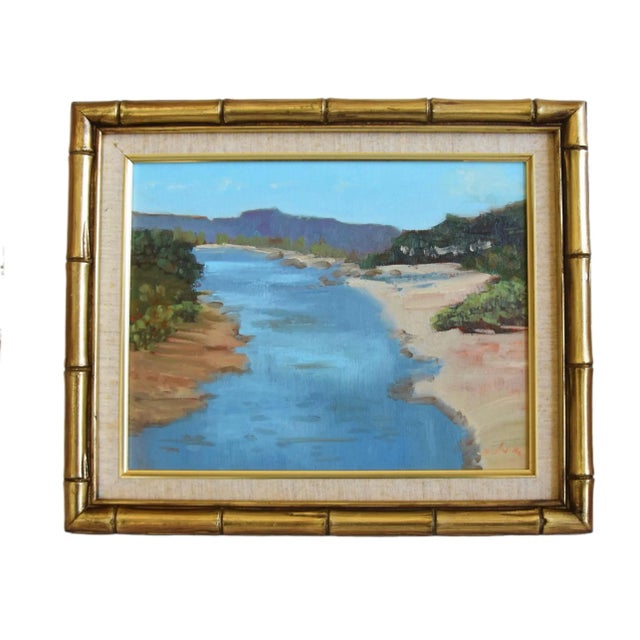 Wood River & Mountains Landscape Seascape Oil Painting Displayed in a Custom Faux Bamboo Gold Wood Frame W/ Linen Liner For Sale - Image 7 of 9