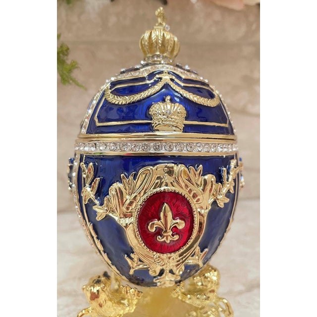 Gemstone Pierre Lorren Handmade Faberge Egg Style Trinket Fabergé Egg Style Austrian Crystal Diamond Pure Gold Deco Hand Painted 5 Star Egg & Handmade Bracelet For Sale - Image 7 of 12