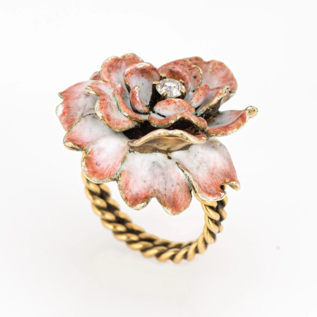 Modern Vintage Enamel Flower Mine Diamond 14k Yellow Gold Ring Size 4.75 For Sale - Image 3 of 6