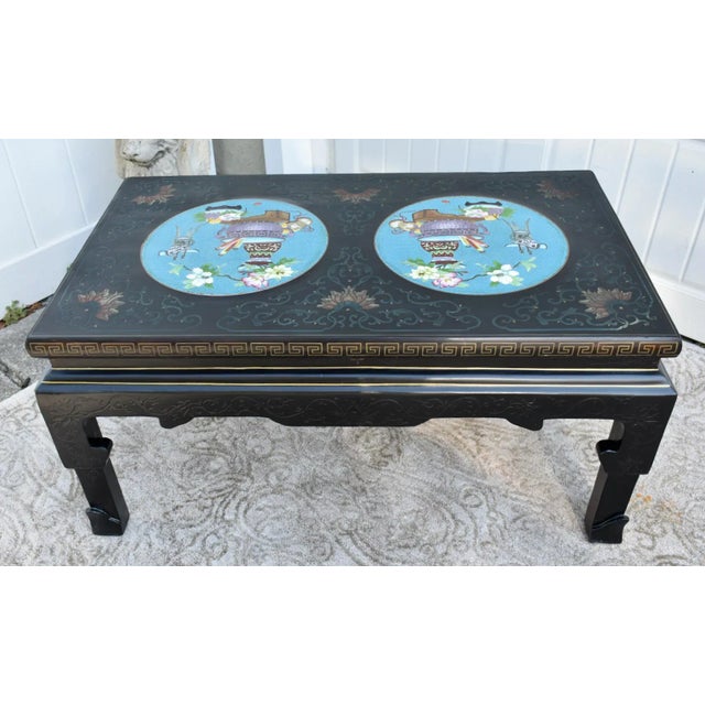 Wood Coffee Table Painted Black Lacquer Chinese Cloisonne Enamel Panels 36" For Sale - Image 10 of 12