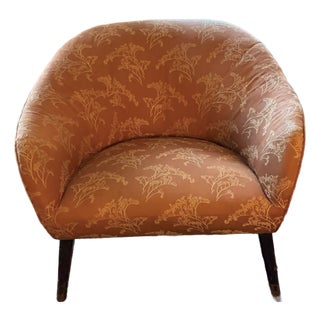 Mid Century Barrel Club Chair With Original Damask Upholstery For Sale