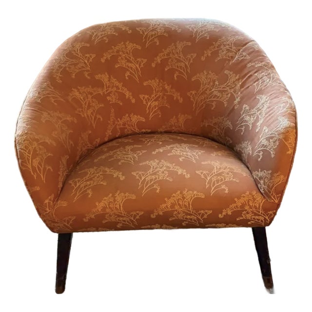 Mid Century Barrel Club Chair With Original Damask Upholstery For Sale