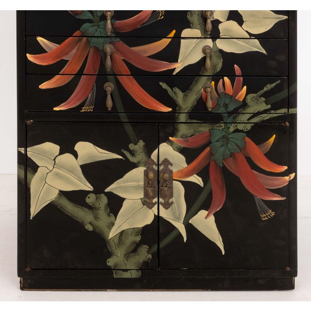 Late 20th Century Chinese Floral Motif Hand-Painted and Black Lacquered Cabinet For Sale - Image 5 of 11