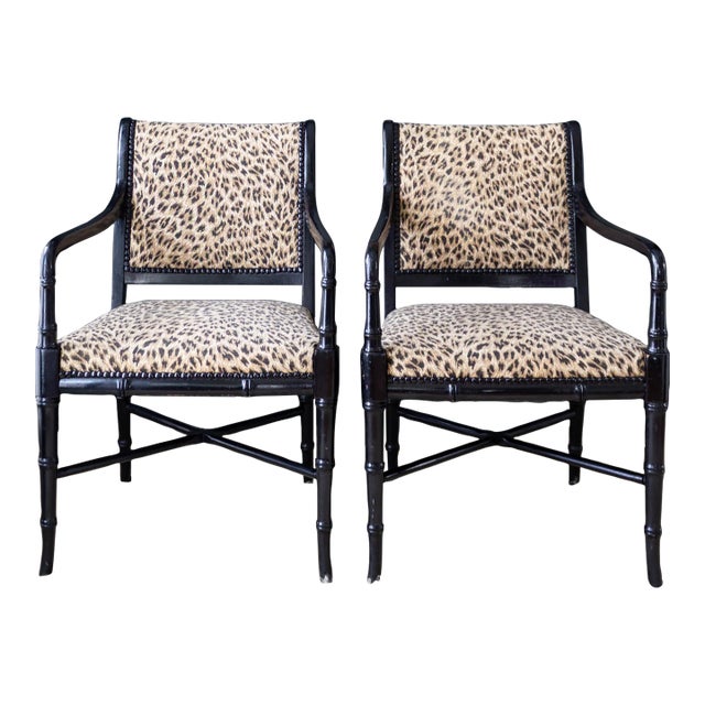 Leopard Upholstered Black Faux Bamboo Directoire Style Armchairs For Sale
