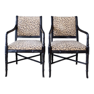 Leopard Upholstered Black Faux Bamboo Directoire Style Armchairs