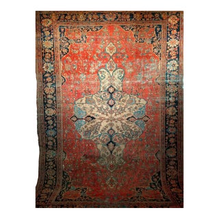 Mid 19th Century Persian Farahan Rug, Hand-Knotted Wool, Floral Medallion Pattern, Red & Blue, 8x12 For Sale