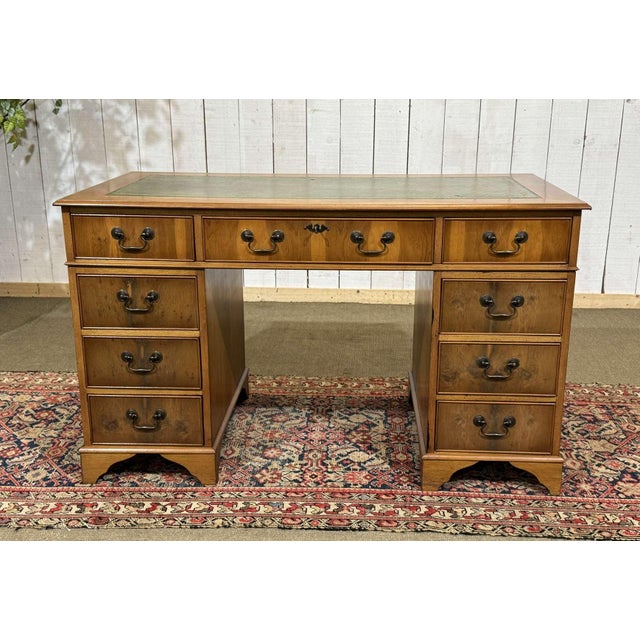 Vintage English Flat Desk with Drawers in Yew Wood with Leather Top, 1970s For Sale - Image 15 of 15