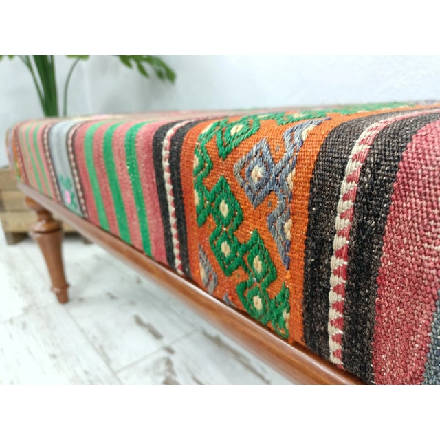 Ruby Red Bohemian Kilim Upholstered Padded Piano Bench For Sale - Image 8 of 9