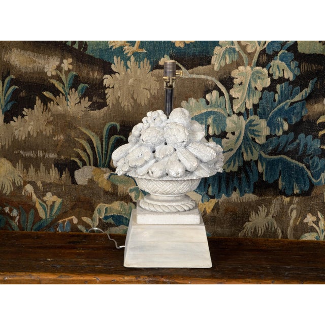 French 1940s Carved Stone Table Lamp Depicting a Fruit Bowl on Pedestal For Sale In Atlanta - Image 6 of 10