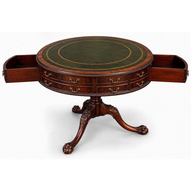 Traditional English Leather Top Georgian Style Mahogany Drum Table With Ball & Claw Feet For Sale - Image 3 of 5