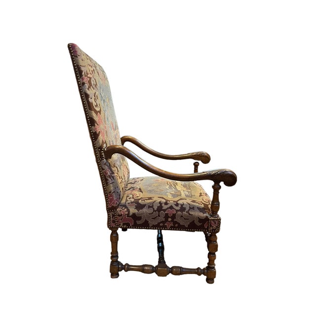 French 19th Century French Needlepoint Carved Walnut Throne Chair For Sale - Image 3 of 11