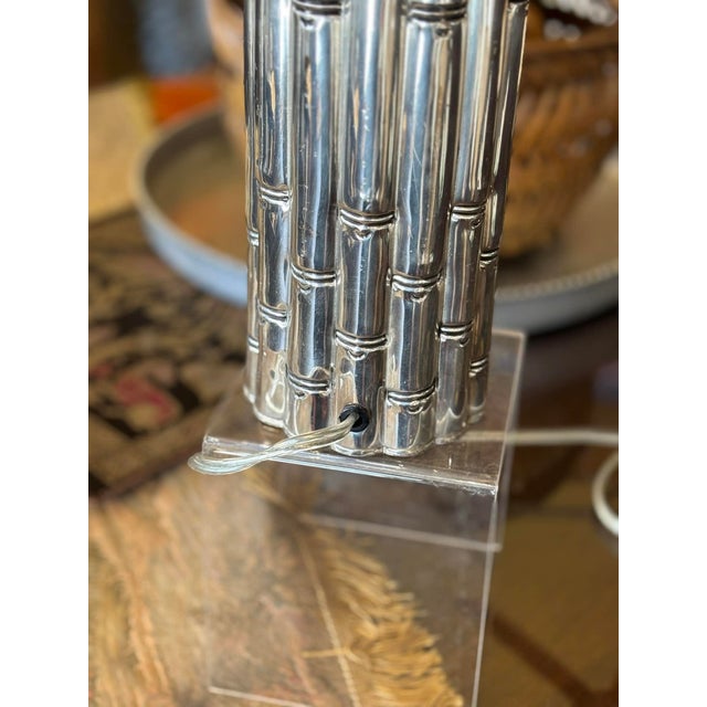 Mid-Century Modern 1960s Chrome Faux Bamboo Hollywood Regency Style Table Lamps With Red Shades - a Pair For Sale - Image 3 of 15