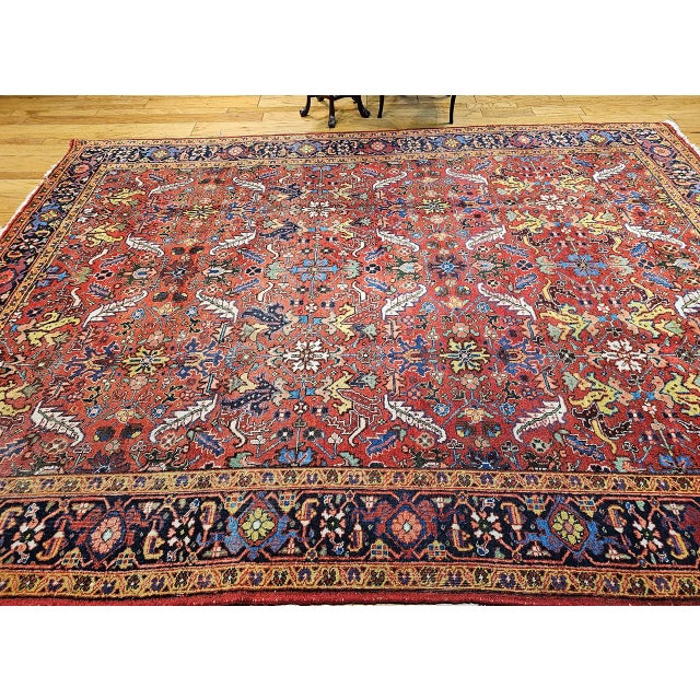 1900 - 1909 Vintage Persian Heriz Rug, Hand-Knotted Wool, Allover Geometric Pattern, Red & Blue, 8x11 For Sale - Image 5 of 15