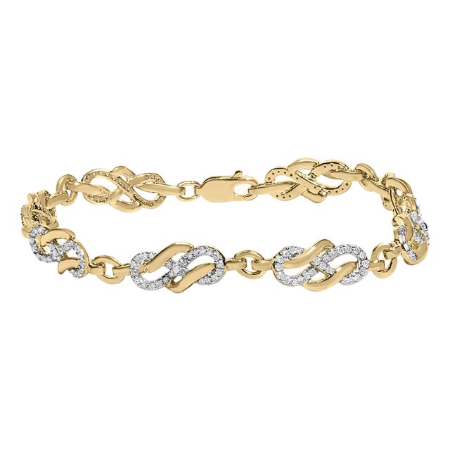 14K Yellow Gold Plated .925 Sterling Silver 1.0 Cttw Diamond Infinity Loop and Swirl Link Bracelet For Sale