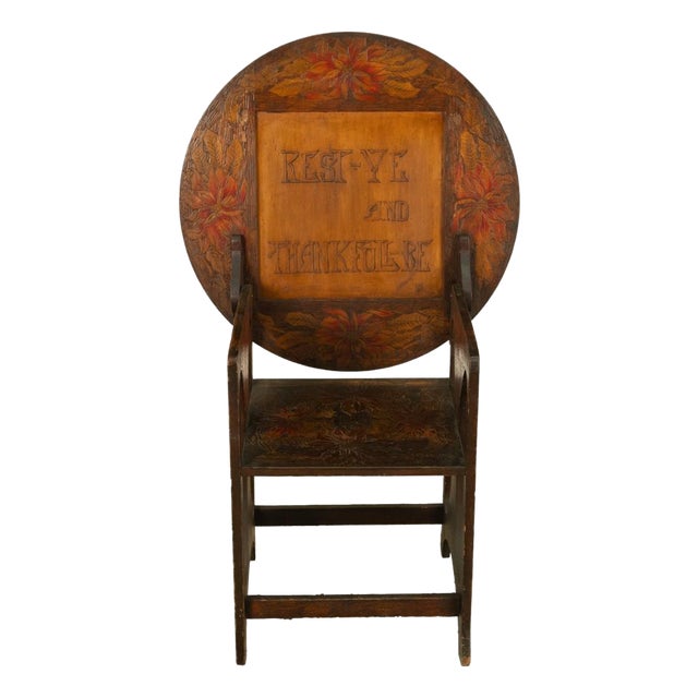 Antique Folk Art Poker Work Arts & Crafts Monks Bench Table Chair New York 1900 For Sale