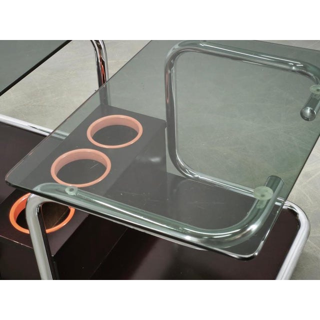 1970s Space Age Chrome, Smoked Glass and Wood Bar Cart, 1970s For Sale - Image 5 of 15