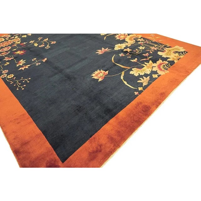 1920s Navy Blue Floral Antique Chinese Art Deco Carpet 9' X 11'2" Knotetd Wool Rug For Sale - Image 9 of 9