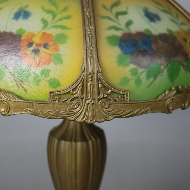 Arts & Crafts Antique Bradley & Hubbard Arts and Crafts Reverse Painted Floral Lamp Signed For Sale - Image 3 of 12