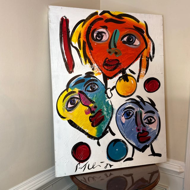 Mid-Century Modern Vintage Colorful Abstract Faces Painting ~ Signed Peter Keil 1987 For Sale - Image 3 of 8