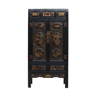 Chinese Fujian Golden Graphic Armoire For Sale