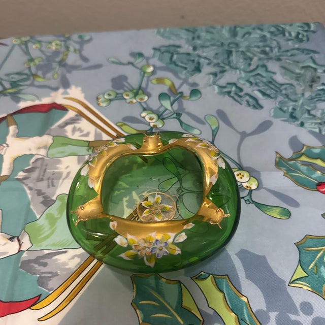 Vintage Bohemian Czech Emerald Green Glass Trinket Dish - Hand-Painted Gold Gilt & Enamel Floral For Sale - Image 4 of 5