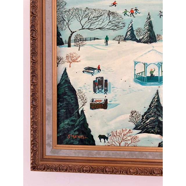 Large Vintage Winter Folk Painting by Stan Well For Sale - Image 10 of 13