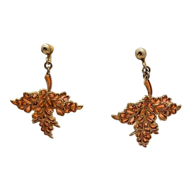 Vintage Signed Napier Goldtone Orange Plique-A-Jour Leaf Dangle Clip Earrings-2 Pieces For Sale