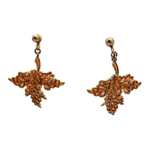 Vintage Signed Napier Goldtone Orange Plique-A-Jour Leaf Dangle Clip Earrings-2 Pieces