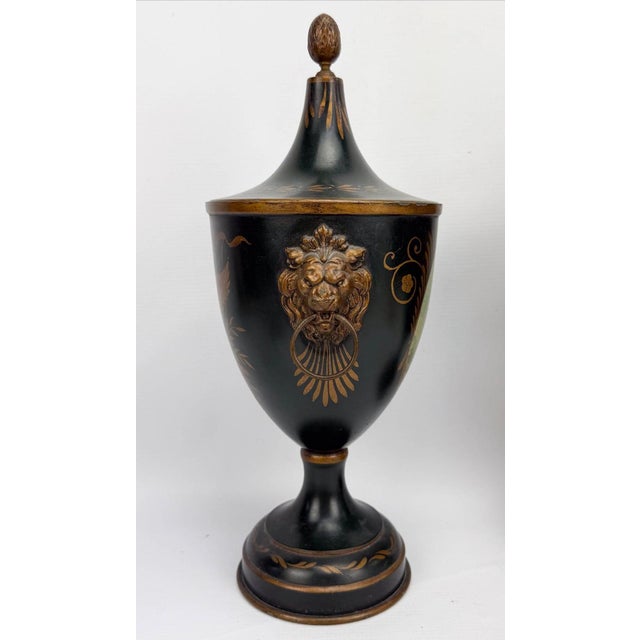 Neoclassical Pair of Vintage Neoclassical Painted Toleware Lidded Urns With Lion Mask Handles For Sale - Image 3 of 12