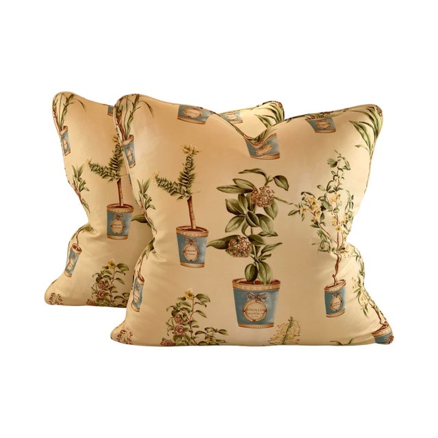 Textile Hand-Printed European Fabricut Vervain Botanique Green Rusty-Red Turquoise Yellow Botanical Potted Floral Pillow Covers- 20" Pair For Sale - Image 7 of 7