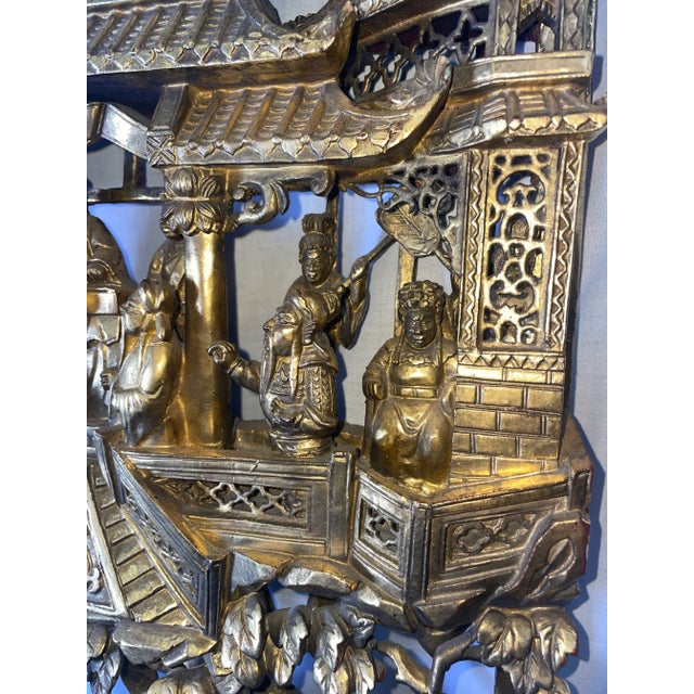 Chinese Antique Chinese Carved Deep Relief Gilt Wood Warriors Scenes Panel For Sale - Image 3 of 12