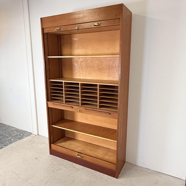 1960s Mid-Century Modern Vintage Oak Tambour Secretary Cabinet, Germany, 1960s For Sale - Image 5 of 16