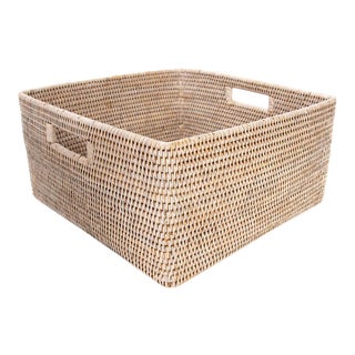 Artifacts Rattan Square Storage Basket with Rounded Corners in White Wash - 16" For Sale