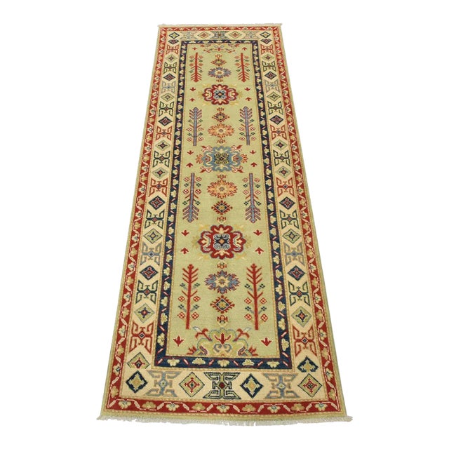 Kazak Runner 2’10” X 8’1” Green Wool Tribal Hand-Knotted Oriental Rug For Sale
