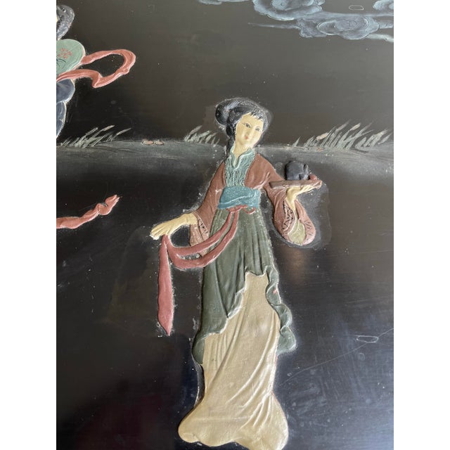 1920s 1920s Chinoiserie Three Piece Black Lacquer Desk With Hard-Stone Inlay For Sale - Image 5 of 12