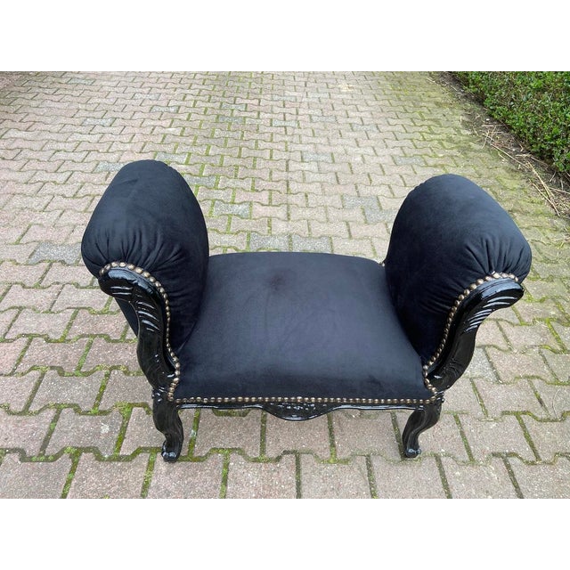 Late 20th French Louis XVI Black Beech Velvet Bench For Sale - Image 4 of 7