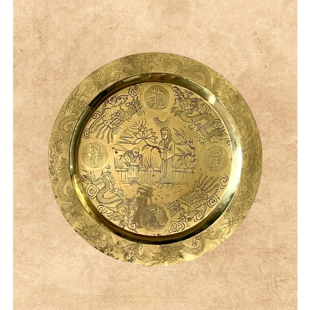 Metal Vintage Solid Brass Guanyin Goddess of Mercy Round Tray With Engravings, Wall Hanging or Table Top For Sale - Image 7 of 7