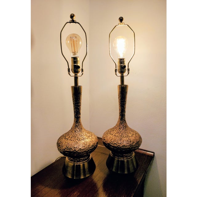 Vintage Mid-Century Modern Brass Filigree Scroll Lamps Moroccan Boho Souk Style - a Pair For Sale - Image 9 of 9