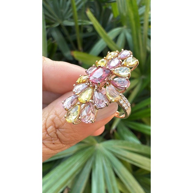 Set in 18k Rose Gold, Pink Sapphires, Tourmaline & Diamond Cluster Cocktail Ring, Size 6 For Sale - Image 11 of 11