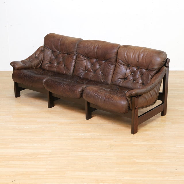 1970s Danish Brown Leather Tufted Sofa For Sale - Image 4 of 18