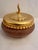 Pair of beautiful round studio art glass jars with gold leaf lids having imaginative design and form. Tall one 6.5” H x 5”...